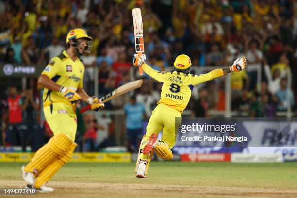 Ravindra Jadeja of the Chennai Super Kings celebrates hitting the winning runs during the 2023 IPL Final match between Chennai Super Kings and...