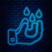 Glowing neon line Wudhu icon isolated on brick wall background. Muslim man doing ablution. Vector