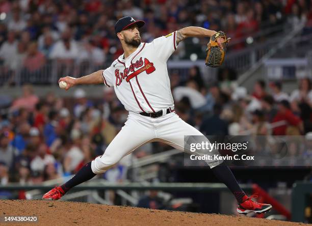 Nick Anderson of the Atlanta Braves pitches in the eighth inning against the Philadelphia Phillies at Truist Park on May 25, 2023 in Atlanta, Georgia.