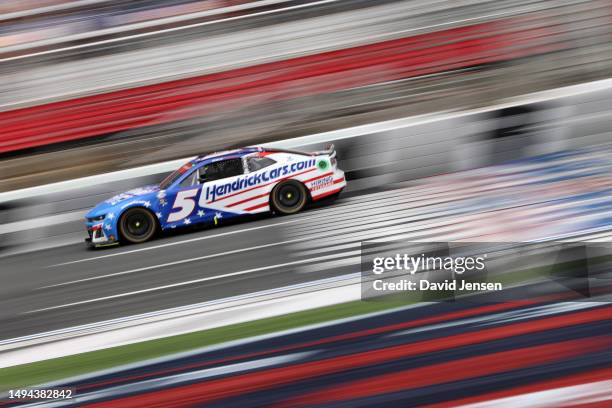 Kyle Larson, driver of the HendrickCars.com Patriotic Chevrolet, drives during the NASCAR Cup Series Coca-Cola 600 at Charlotte Motor Speedway on May...