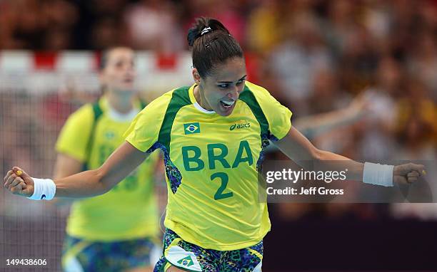 Fabiana Diniz of Brazil celebrates in the Women's Handball preliminaries Group A - Match 3 between Croatia and Brazil on Day 1 of the London 2012...