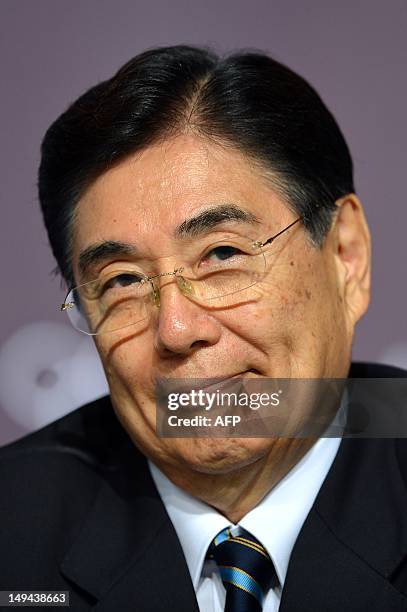 Masato Mizuno, CEO of the Tokyo 2020 Bid Committee and vice-president of the Japanese Olympic Commitee attends a press conference in London on July...