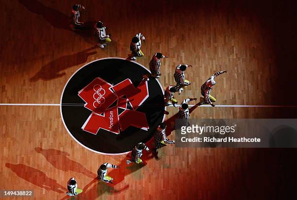 The Twist and Pulse Dance Company perform during halftime of the game between Turkey and Angola during Women's Basketball on Day 1 of the London 2012...
