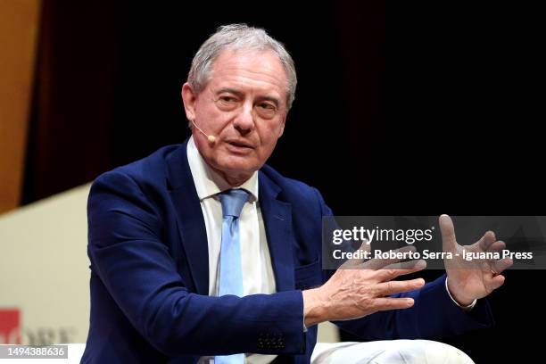 Adolfo Urso Italian Government Minister of Enterprise and Made in Italy attends the Trento Economy Festival 2023 at Sociale Theater on May 27, 2023...