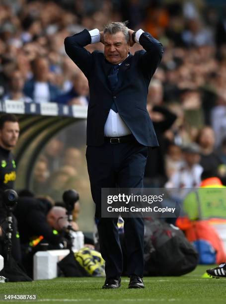 Sam Allardyce, Manager of Leeds United, reacts during the Premier League match between Leeds United and Tottenham Hotspur at Elland Road on May 28,...