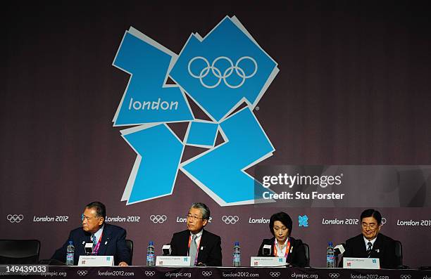 Members of the Tokyo 2020 Olympic bid, Yoshiro Mori Tsunekazu Takeda, Seiko Hashimoto and Masato Mizuno speak during a Press conference at The Main...