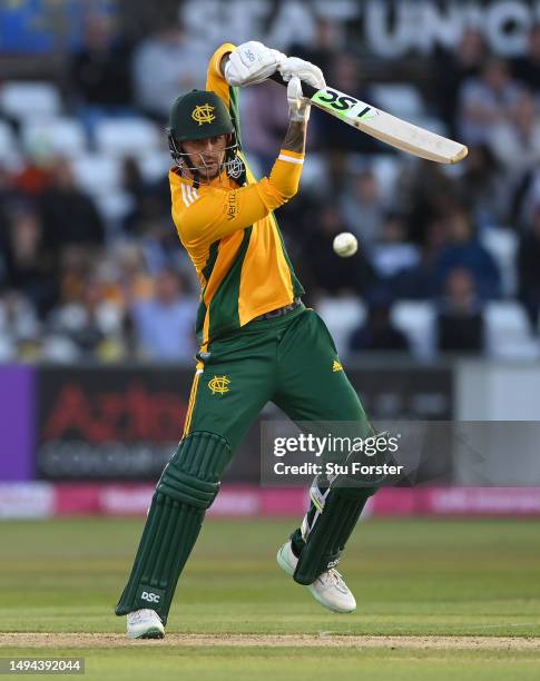 Notts Outlaws batsman Alex Hales hits out during the Vitality Blast T20 between Durham Cricket and Notts Outlaws at Seat Unique Riverside on May 29,...