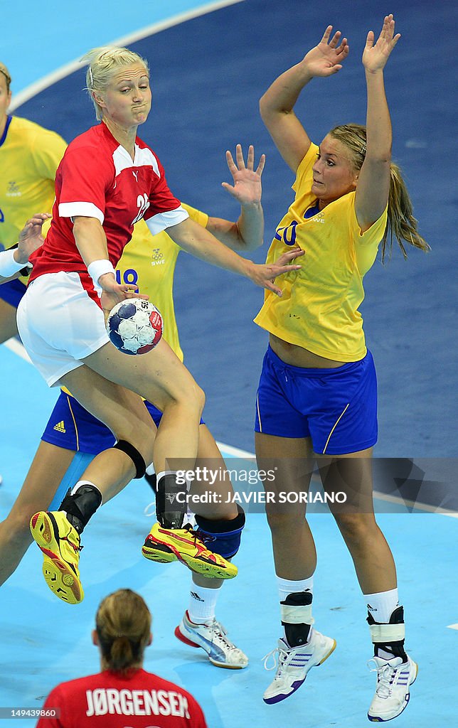 Denmark's leftback Rikke Skov (L) vies w