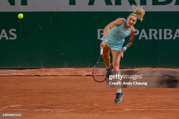 Tereza Martincova of Czech Republic serves during the Women's Singles First Round Match against Jelena Ostapenko of Latvia during Day 2 of the Roland...