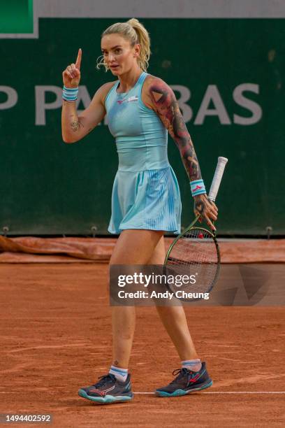 Tereza Martincova of Czech Republic reacts during the Women's Singles First Round Match against Jelena Ostapenko of Latvia during Day 2 of the Roland...