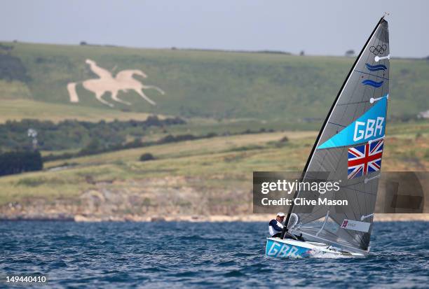 Ben Ainslie of Great Britain in action during a Finn Class practice race at the Weymouth & Portland Venue during the London 2012 Olympic Games on...