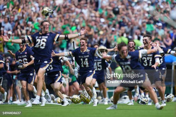 The Notre Dame Fighting Irish celebrate after defeating the Duke Blue Devils in the NCAA Division I Mens Lacrosse Championship game at Lincoln...