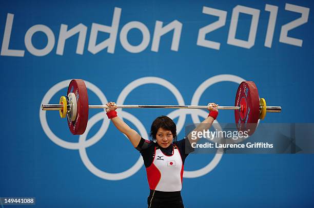 Hiromi Miyake of Japan competes in the Women's 48kg Group A weightlifting on Day 1 of the London 2012 Olympic Games at ExCeL on July 28, 2012 in...