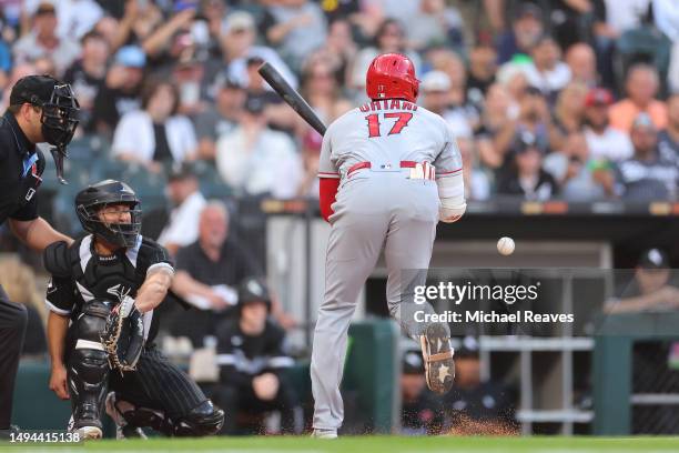 Shohei Ohtani of the Los Angeles Angels is hit by a pitch from Michael Kopech of the Chicago White Sox during the first inning at Guaranteed Rate...