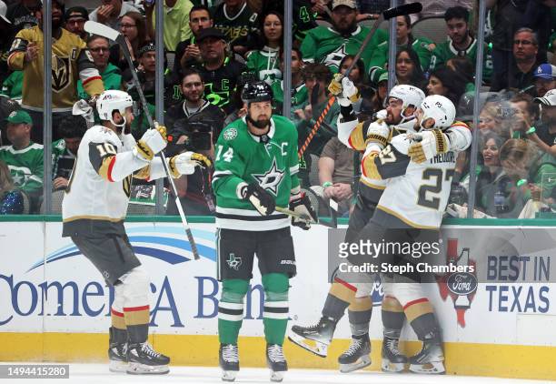 William Carrier of the Vegas Golden Knights celebrates with teammates after scoring a goal during the first period against the Dallas Stars in Game...
