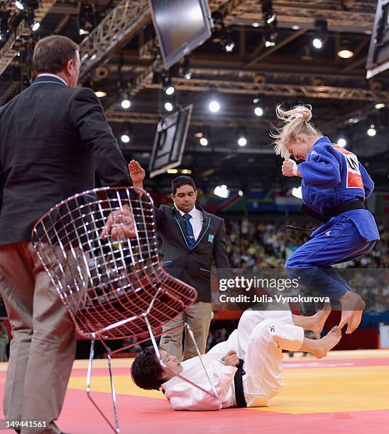 Eva Csernoviczki of Hungary celebrates defeating Shugen Wu of China in the Women -48 kg Repechage contest at ExCeL on July 28, 2012 in London,...