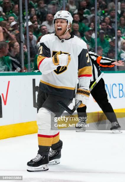 William Karlsson of the Vegas Golden Knights celebrates after scoring a goal during the first period against the Dallas Stars in Game Six of the...