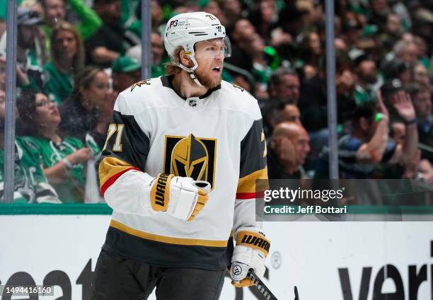 William Karlsson of the Vegas Golden Knights celebrates after scoring a goal during the first period against the Dallas Stars in Game Six of the...