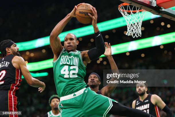 Al Horford of the Boston Celtics rebounds the ball during the first quarter against the Miami Heat in game seven of the Eastern Conference Finals at...