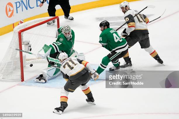 William Karlsson of the Vegas Golden Knights scores a goal past Jake Oettinger of the Dallas Stars during the first period in Game Six of the Western...