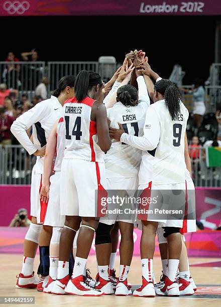 Team United States celebrates their 81-56 victory over Croatia during Women's Basketball on Day 1 of the London 2012 Olympic Games at the Basketball...