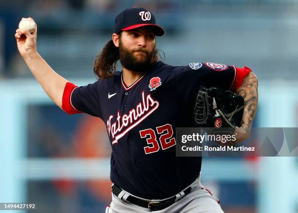 Trevor Williams of the Washington Nationals throws against the Los Angeles Dodgers in the first inning at Dodger Stadium on May 29, 2023 in Los...