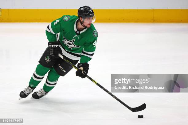 Miro Heiskanen of the Dallas Stars skates with the puck during the second period against the Vegas Golden Knights in Game Six of the Western...