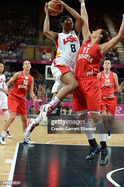 Angel McCoughtry of the United States shoots versus Croatia at the Olympic Park Basketball Arena during the London Olympic Games on July 28, 2012 in...