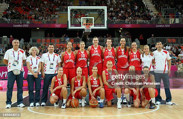 Team Croatia poses for a photo before playing against the United States during Women's Basketball on Day 1 of the London 2012 Olympic Games at the...