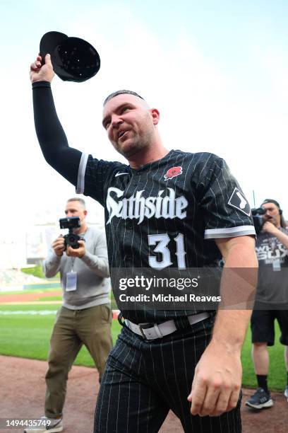 Liam Hendriks of the Chicago White Sox waves to fans prior to the game against the Los Angeles Angels at Guaranteed Rate Field on May 29, 2023 in...
