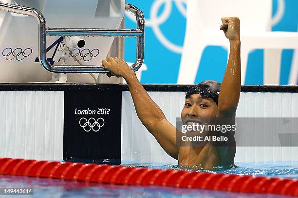 Kosuke Hagino of Japan reacts after he finished third in the Final of the Men's 400m Individual Medley on Day One of the London 2012 Olympic Games at...