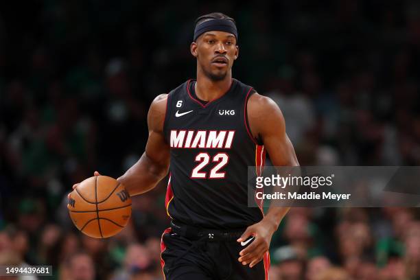 Jimmy Butler of the Miami Heat dribbles during the third quarter against the Boston Celtics in game seven of the Eastern Conference Finals at TD...