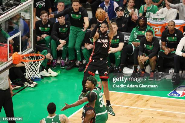 Caleb Martin of the Miami Heat shoots the ball during the third quarter against the Boston Celtics in game seven of the Eastern Conference Finals at...