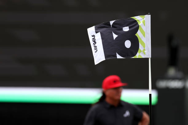 The 18th flag pin is shown during day three of the LIV Golf Invitational - DC at Trump National Golf Club on May 28, 2023 in Sterling, Virginia.