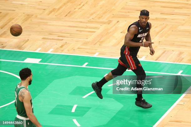 Jimmy Butler of the Miami Heat celebrates during the fourth quarter against the Boston Celtics in game seven of the Eastern Conference Finals at TD...