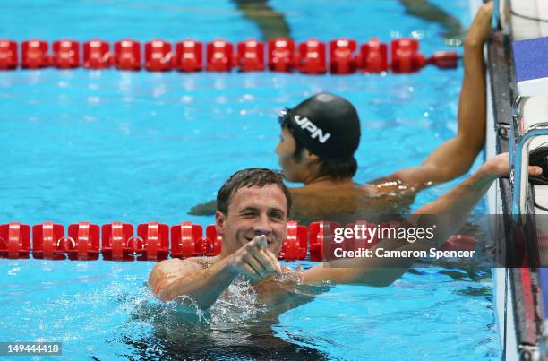 Ryan Lochte of the United States reacts after he won the Final of the Men's 400m Individual Medley on Day 1 of the London 2012 Olympic Games at the...