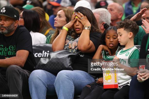 Brandy Cole, mother of Jayson Tatum of the Boston Celtics reacts during the first quarter in game seven of the Eastern Conference Finals between the...