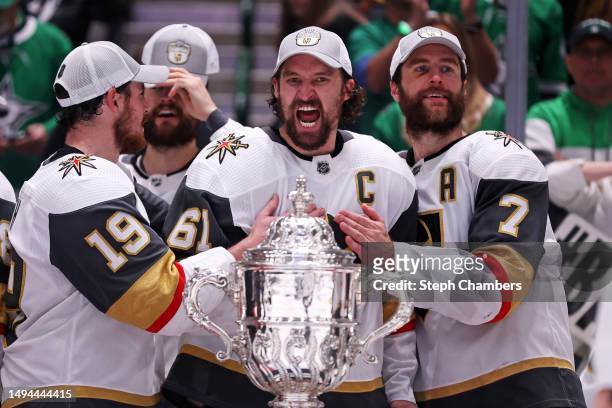 Mark Stone of the Vegas Golden Knights celebrates after defeating the Dallas Stars 6 - 0 in Game Six of the Western Conference Final of the 2023...