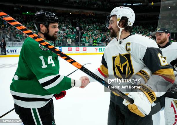 Mark Stone of the Vegas Golden Knights and Jamie Benn of the Dallas Stars talk after Game Six of the Western Conference Final of the 2023 Stanley Cup...