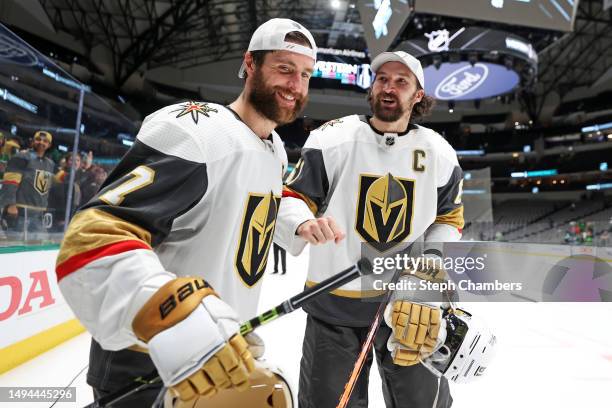 Mark Stone of the Vegas Golden Knights celebrates with Alex Pietrangelo of the Vegas Golden Knights after defeating the Dallas Stars 6 - 0 in Game...