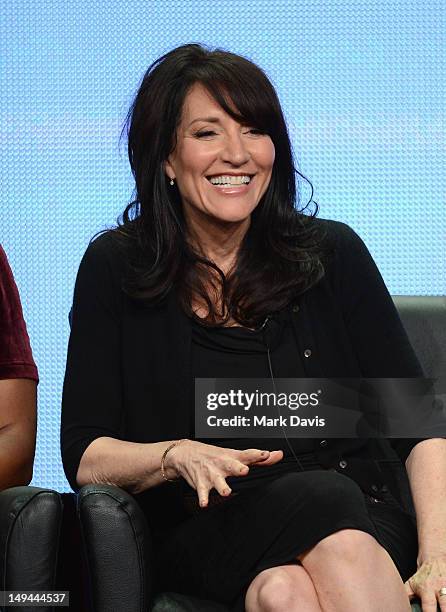 Actress Katey Sagal speaks onstage at the "Sons of Anarchy" panel during the FX portion of the 2012 Summer TCA Tour on July 28, 2012 in Beverly...