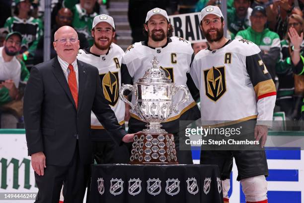 Reilly Smith of the Vegas Golden Knights, Mark Stone of the Vegas Golden Knights and Alex Pietrangelo of the Vegas Golden Knights pose with NHL...