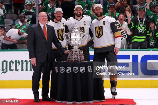 Reilly Smith of the Vegas Golden Knights, Mark Stone of the Vegas Golden Knights and Alex Pietrangelo of the Vegas Golden Knights pose with NHL...