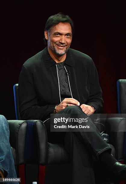 Actor Jimmy Smits speaks onstage at the "Sons of Anarchy" panel during the FX portion of the 2012 Summer TCA Tour on July 28, 2012 in Beverly Hills,...