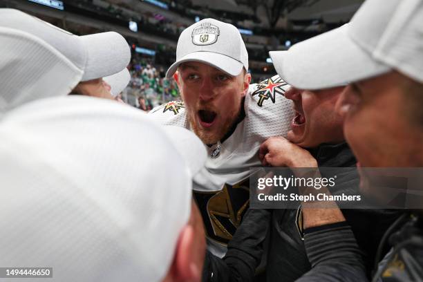 Jack Eichel of the Vegas Golden Knights celebrates with his teammates after the Vegas Golden Knights beat the Dallas Stars 6 - 0 in Game Six of the...