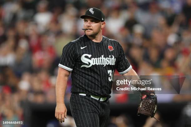 Liam Hendriks of the Chicago White Sox reacts against the Los Angeles Angels during the eighth inning at Guaranteed Rate Field on May 29, 2023 in...