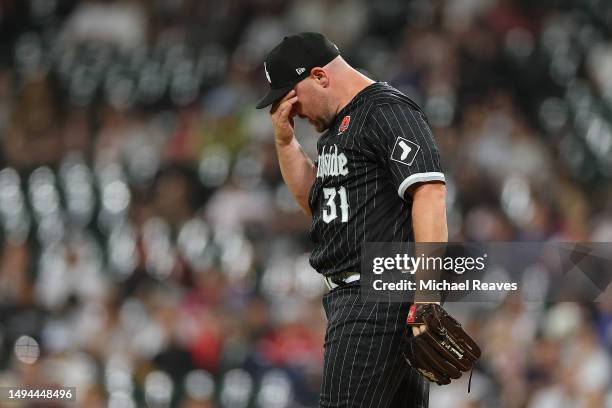 Liam Hendriks of the Chicago White Sox reacts against the Los Angeles Angels during the eighth inning at Guaranteed Rate Field on May 29, 2023 in...