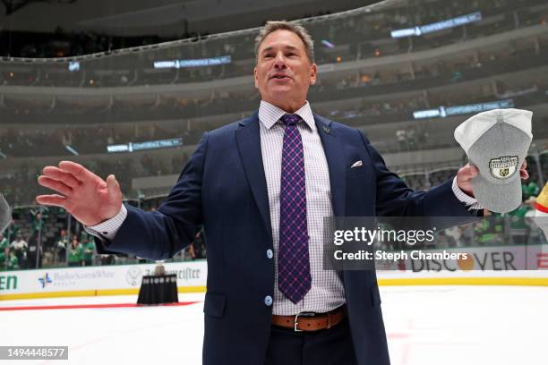 Bruce Cassidy coach of the Vegas Golden Knights talks to his team after the Vegas Golden Knights beat the Dallas Stars 6-0 in Game Six of the Western...