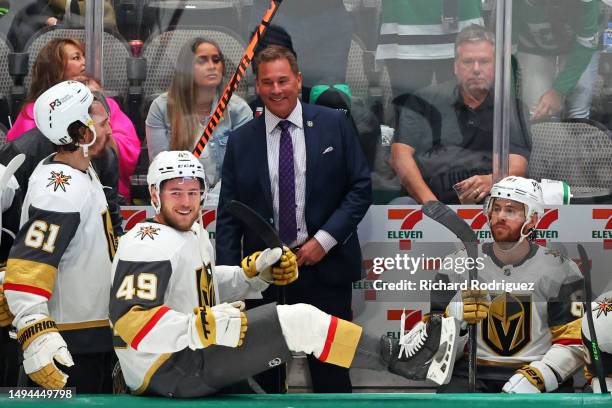 Bruce Cassidy of the Vegas Golden Knights celebrates with his team after the Vegas Golden Knights beat the Dallas Stars 6-0 in Game Six of the...