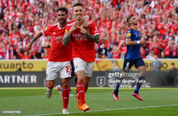 Alex Grimaldo of SL Benfica celebrates with teammate Rafa Silva of SL Benfica after scoring a goal during the Liga Portugal Bwin match between SL...